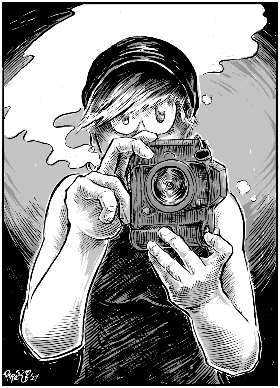 A black and white photo of the artist, wearing a beanie and hoodie with swoopy hair (this time corrected for the reflections in the mirror, so it's swooping to the right) as she holds an Olympus OM-D E-M10 in her messy bedroom/writing room. Multiple CRTs, books, lens boxes, and a Brother word processor are visible just behind her.