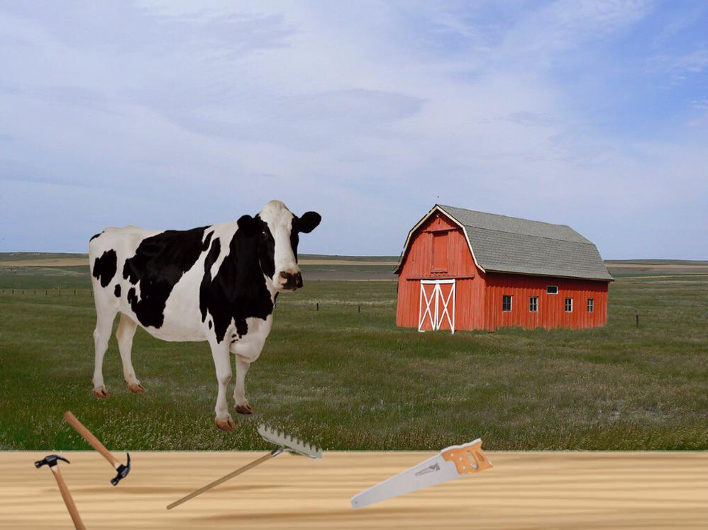 A recreation of the infamous Far Side comic "Cow Tools".
